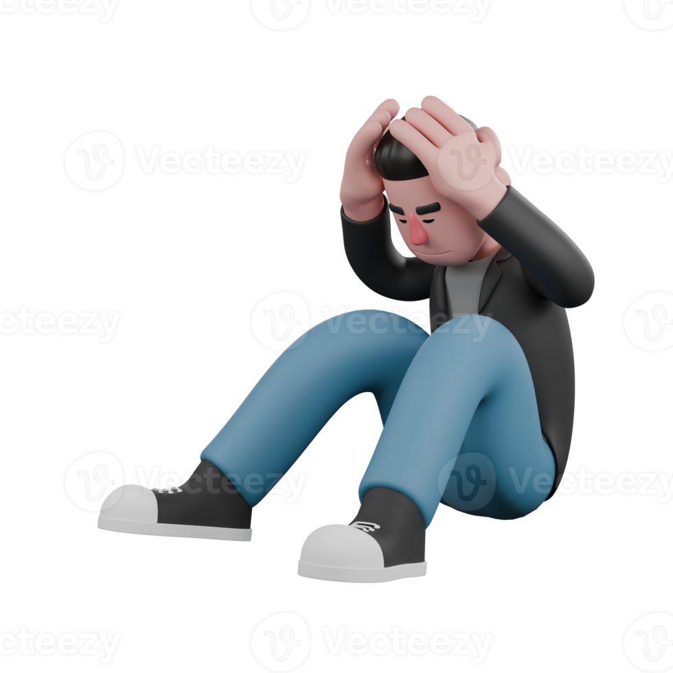 Screenwriter 3D Artistic Cartoon Model Design.A male screenwriter sits on the floor with both hands on his fist, a look of despair. Illustration png