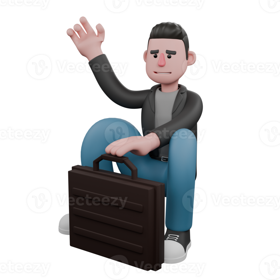 Creative Cartoon Artistic Screenwriter Model. A male screenwriter squats holding a briefcase in his left hand, and waves it in his right hand. 3D Design png
