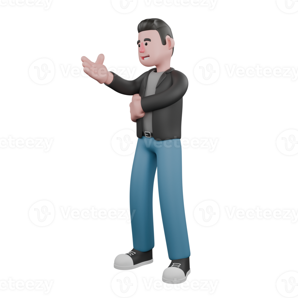 Cartoon Artistic Screenwriter. A male screenwriter stands with his left hand in front of his stomach and his right hand extended as if giving directions. 3D Model Illustration Design png