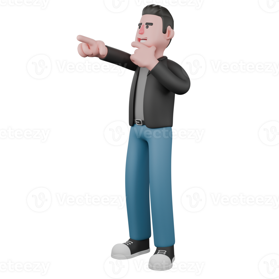 Professional Screenwriter Cartoon Design . A male screenwriter stands with his right hand pointing in a certain direction and his index finger and thumb on his chin. 3D Artistic Model png