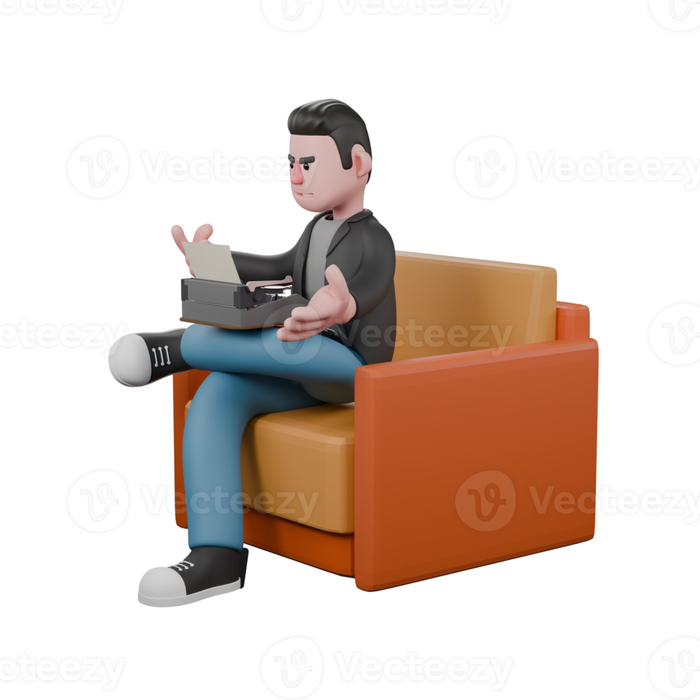 Screenwriter 3D Model Design. A male screenwriter sits on a sofa with a typewriter on his lap. Cartoon Creative Illustration png
