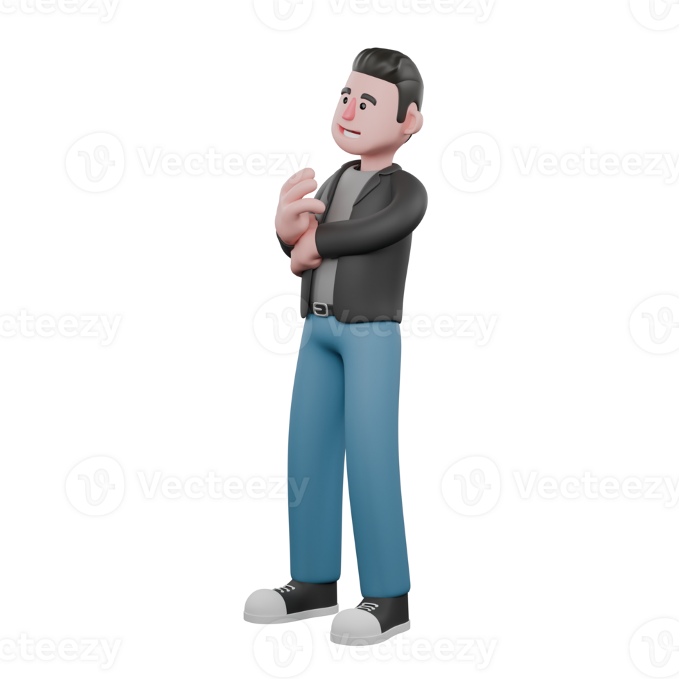 Creative Screenwriter Cartoon Illustration. A male screenwriter stands with his left hand clenched in front of his stomach and his right hand forming a 3-finger symbol. 3D Model Art png