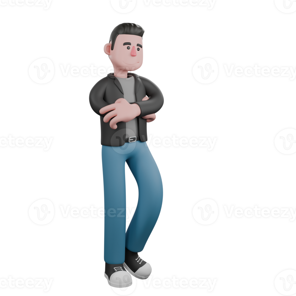 Creative 3D Model. A male screenwriter stands with both hands crossed in front of his stomach and his head slightly tilted. 3D Model Character png