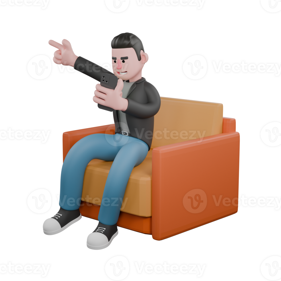 Professional Screenwriter Cartoon Design. A male screenwriter sits on a sofa with his left hand holding a cellphone and his right hand pointing in a certain direction.3D Artistic Model png
