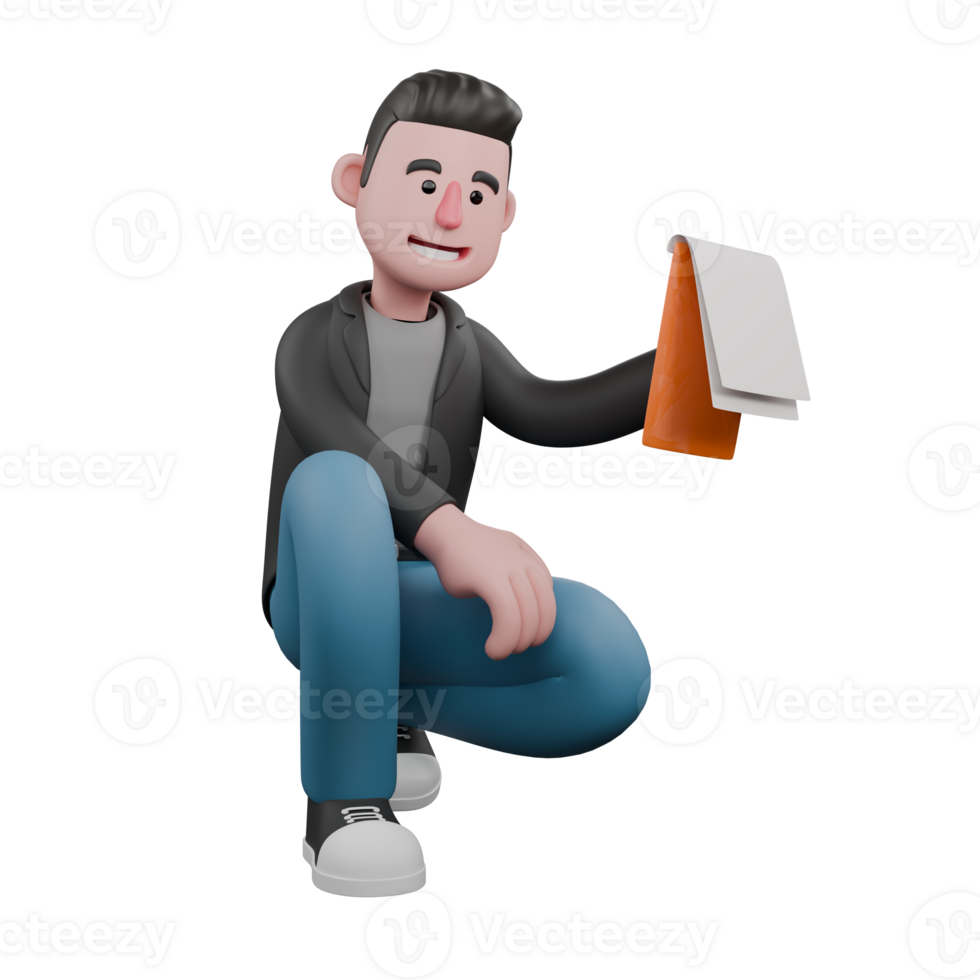 Screenwriter 3D Character. A male screenwriter squats holding a clipboard in his left hand while expressing happiness. Artistic Cartoon Model Design png