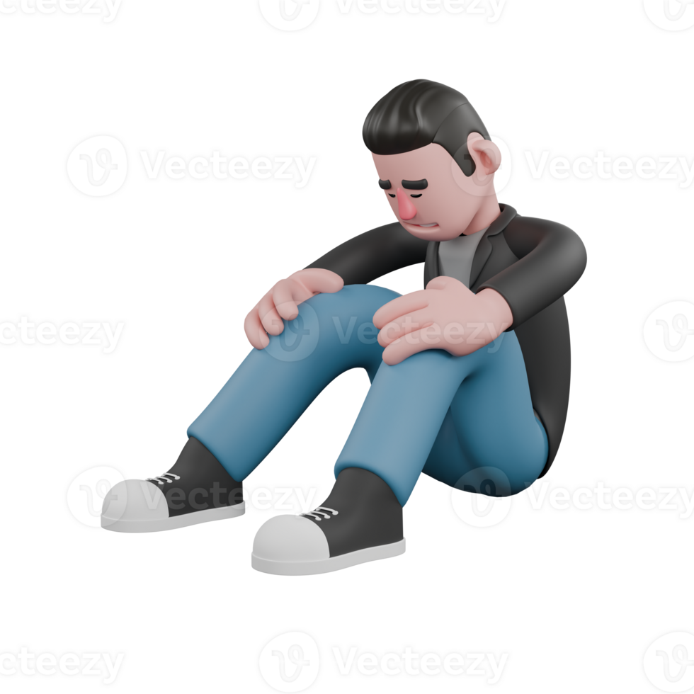 Screenwriter Cartoon Artistic Illustration. A male screenwriter sits with both hands on his knees, head bowed, a look of exhaustion. 3D Model Design png