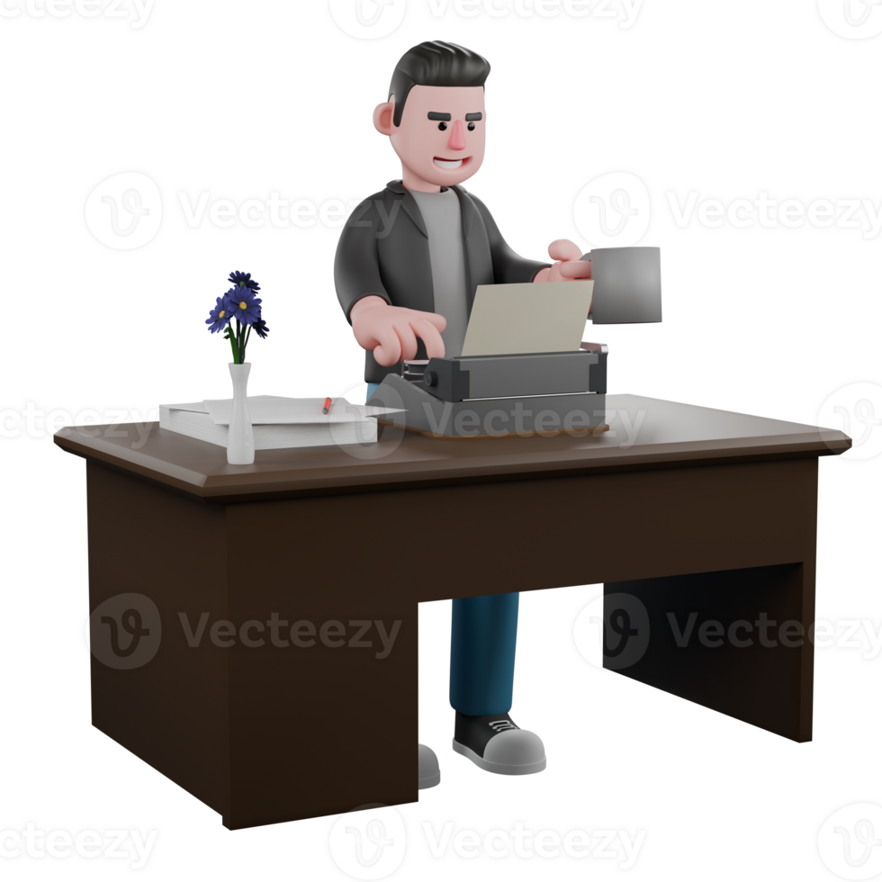 Cartoon 3D Artistic Model. A Male Screenwriter stands behind a table with one hand typing on a typewriter and the other holding a glass. Cartoon Illustration Art png