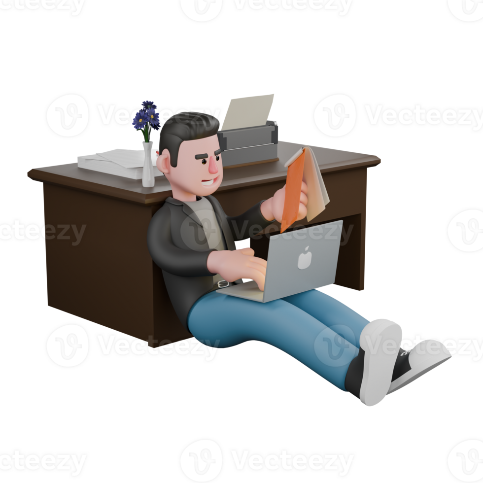 Creative 3D Model. A Male Screenwriter sits leaning on a table with a laptop on his lap and his hands holding a clipboard. 3D Artistic Model png