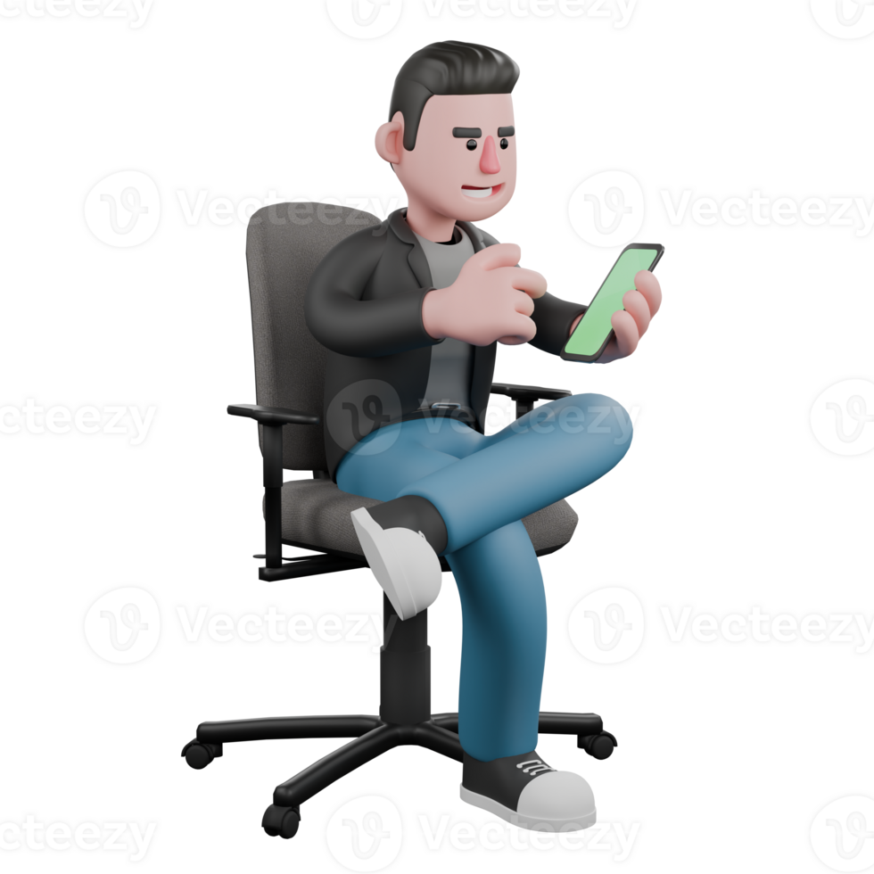 3D Cartoon Artistic Screenwriter Character.A male screenwriter sits on a chair with his left hand holding a cell phone and his right hand pointing at the cell phone. Model Design png