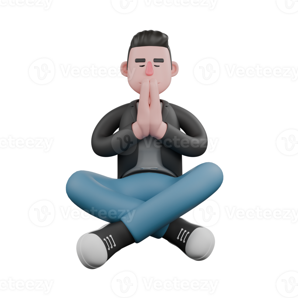 Cartoon 3D Artistic Model. A Male Screenwriter sits with his hands clasped in front of his chest, eyes closed. Artistic Illustration png