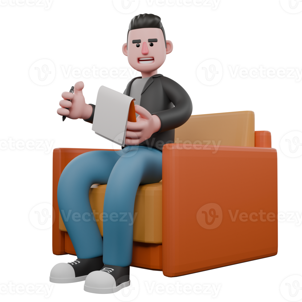 Screenwriter 3D Cartoon Model Design. A male screenwriter sits on a sofa with his right hand holding a pen while his left hand is holding a clipboard, checking while taking notes. Screenwriter png