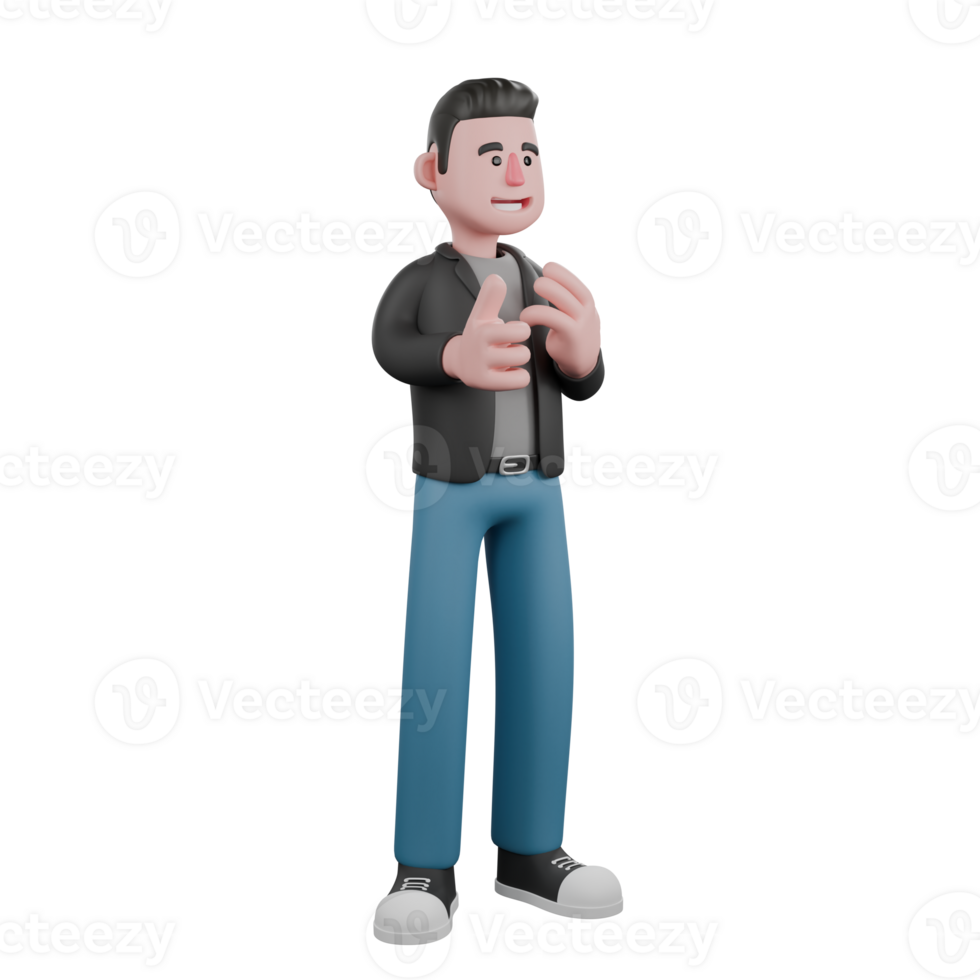 Screenwriter Cartoon Model. A male screenwriter stands with his right hand extending his thumb and his left hand forming a 3-finger symbol. 3D Artistic Illustration Design png