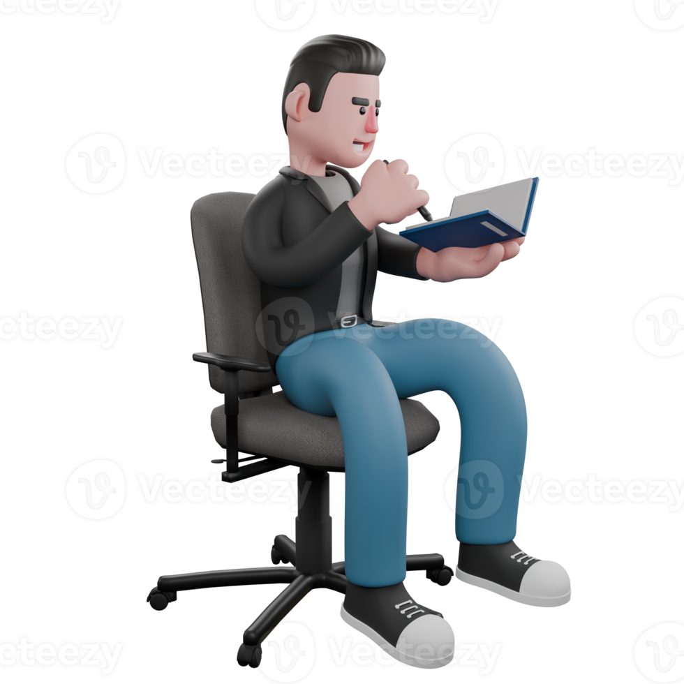 Screenwriter 3D Cartoon Model Design. A male screenwriter sits on a work chair with a book in his hand while writing. 3D Design png