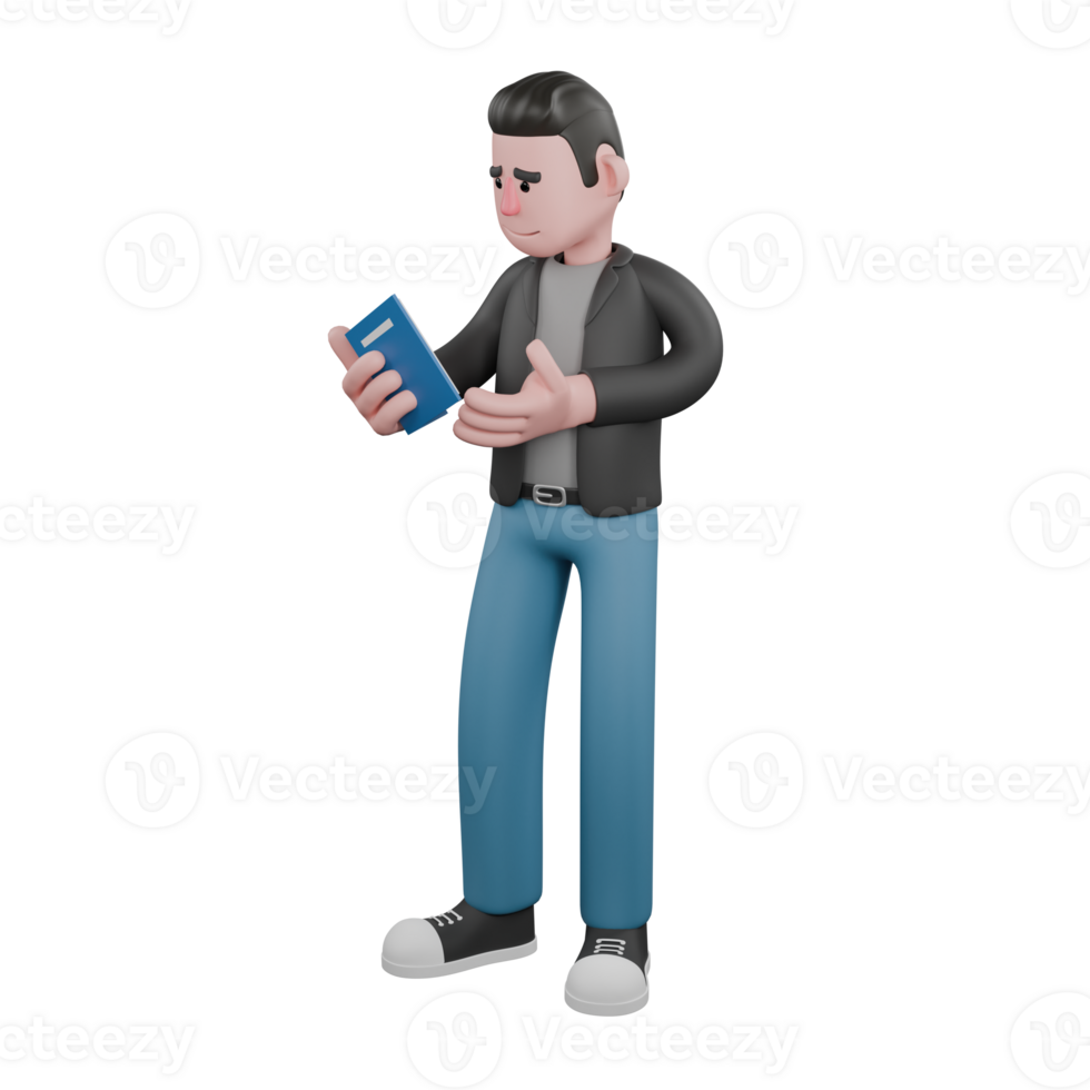 Cartoon Artistic Screenwriter 3D Model. A male screenwriter stands with his right hand holding a book and his left hand extended forward as if explaining. Illustration Design png