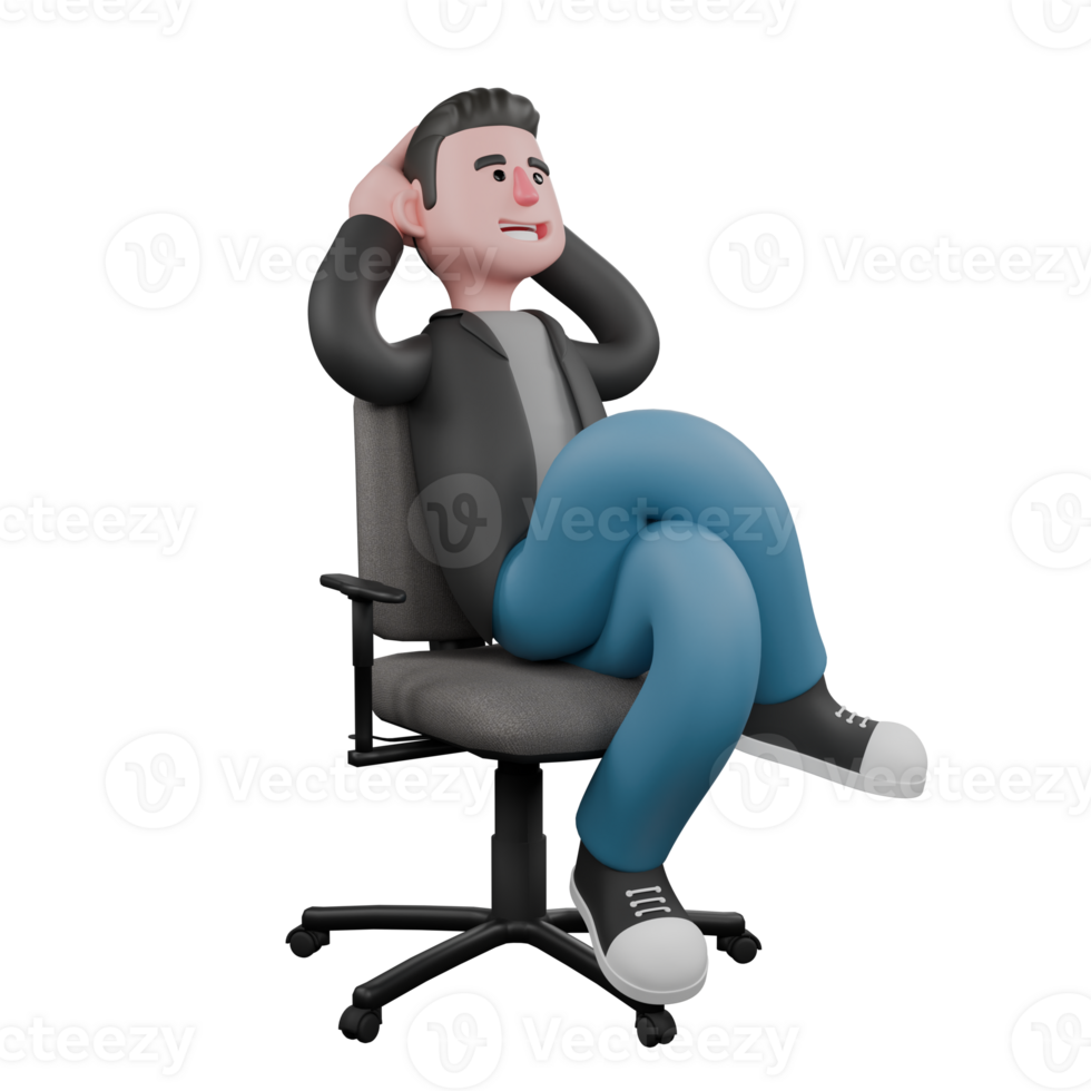 Artistic Screenwriter 3D Cartoon Character. a male screenwriter sits on a chair with both hands behind his head with a happy expression. Model Design png