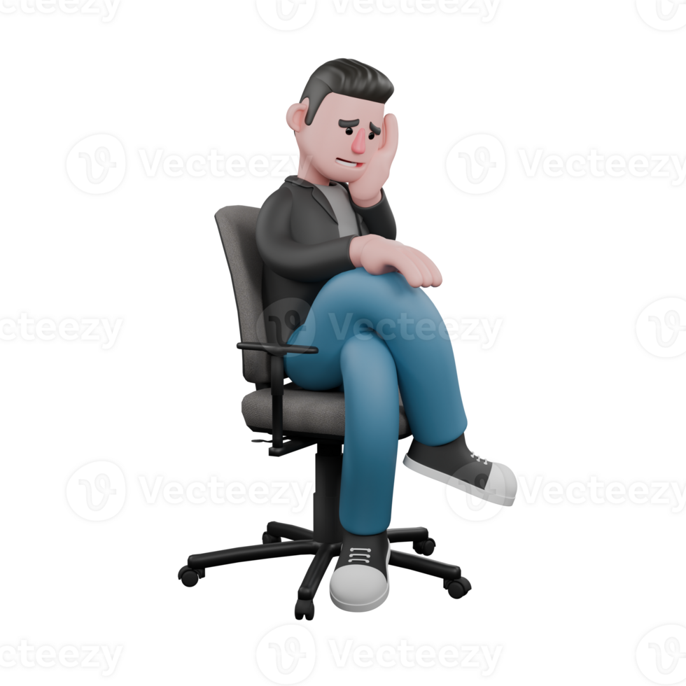 Creative 3D Screenwriter Illustration Design. A male screenwriter sits on a chair with his left hand on his cheek and his left hand on his knee .Cartoon Model png