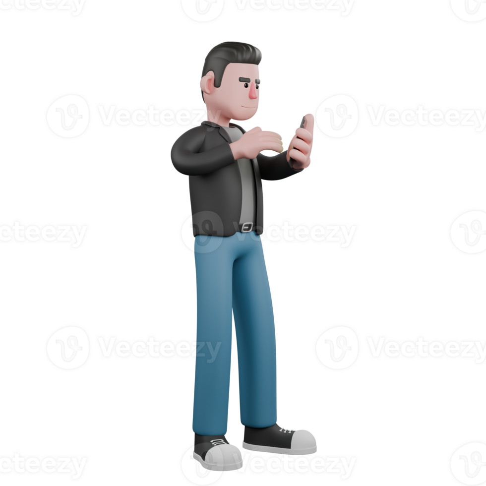 3D Cartoon Screenwriter Character Illustration. A male screenwriter stands holding a cellphone in his left hand, and his right hand is as if checking the cellphone screen. Creative Model png