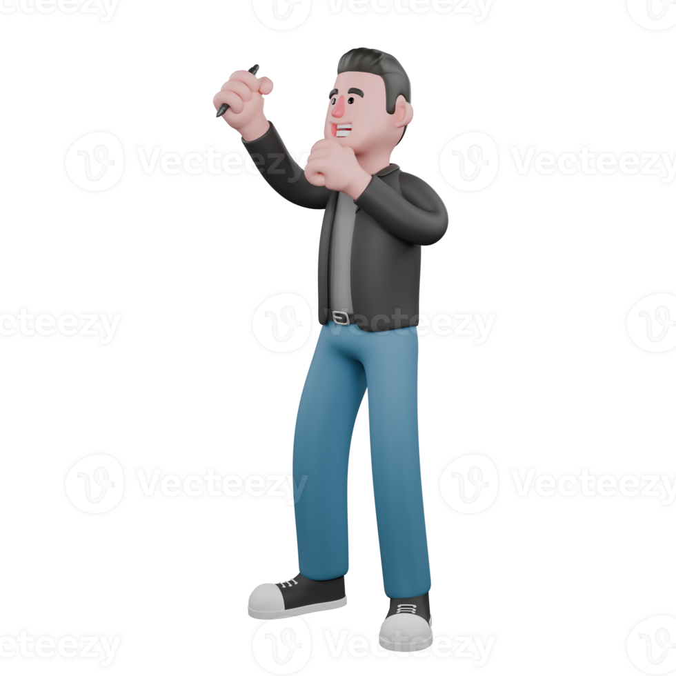 Cartoon 3D Artistic Model. a male screenwriter stands with his right hand holding a pen while his left hand is clenched. Screenwriter Illustration Design png