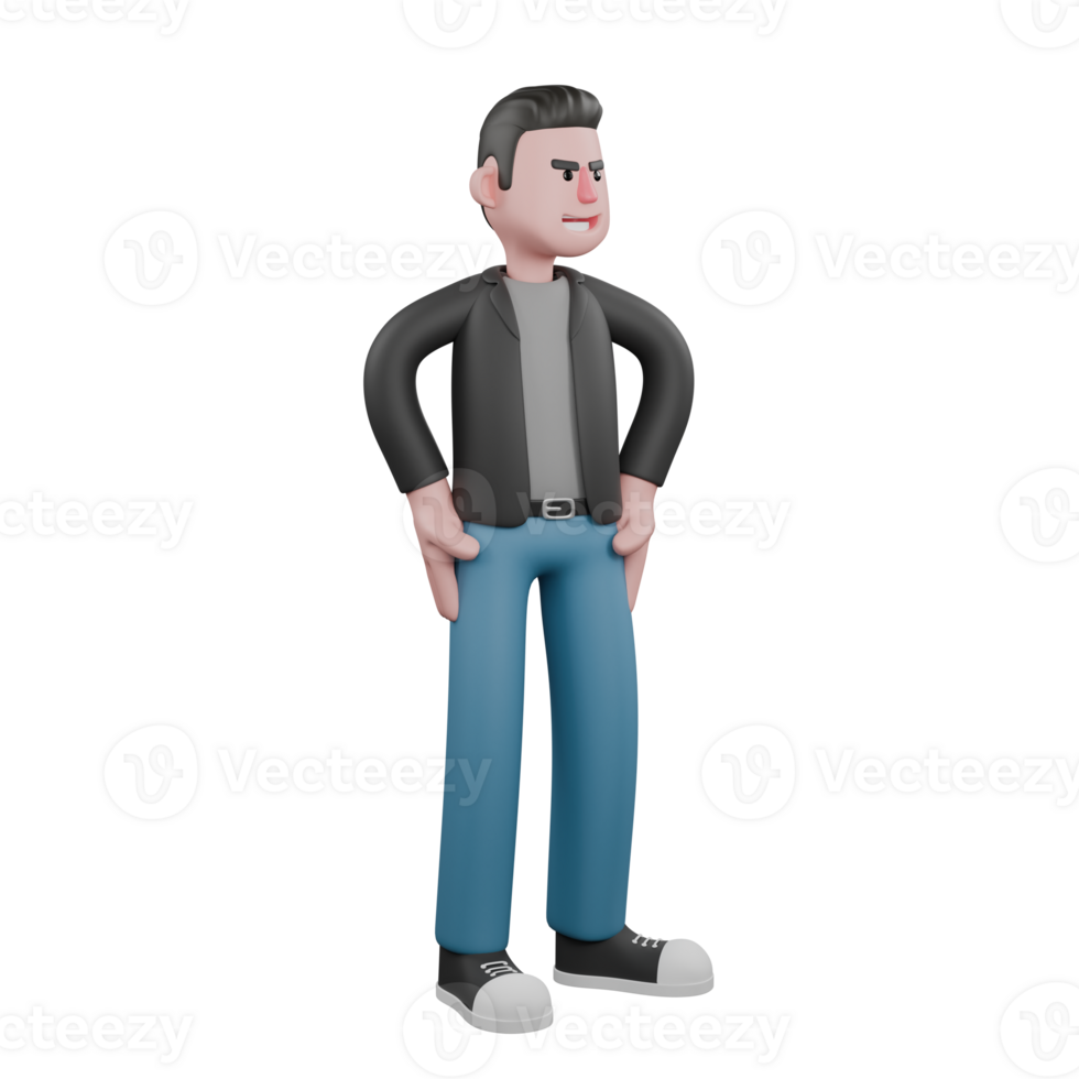 Creative 3D Model. A male screenwriter stands leaning to the left with both hands on his hips, expression smiling widely. Screenwriter Model png