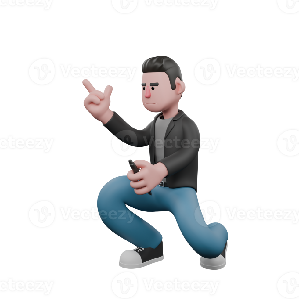 Creative 3D Model. A male screenwriter kneels with his right and left hands holding a pen while his hands are shaped like guns. Artistic Illustration png