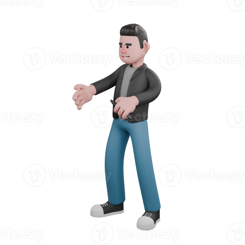Creative 3D Screenwriter Character Model. A male screenwriter holds a pen in his left hand, and stretches out his right hand, as if looking at something. Cartoon Design png