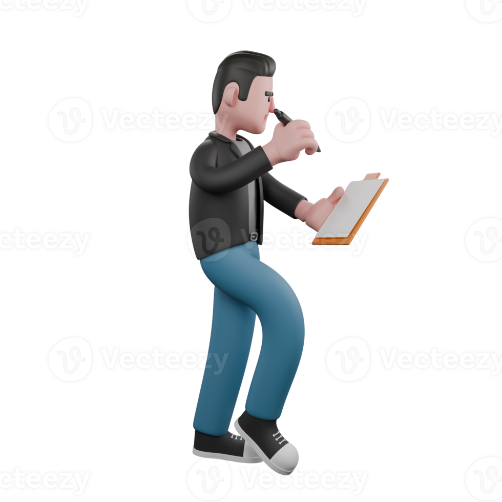 Professional Screenwriter Cartoon Design. A male screenwriter stands with his right foot in front of his left foot while both hands hold a pen and a clipboard. Model Design png