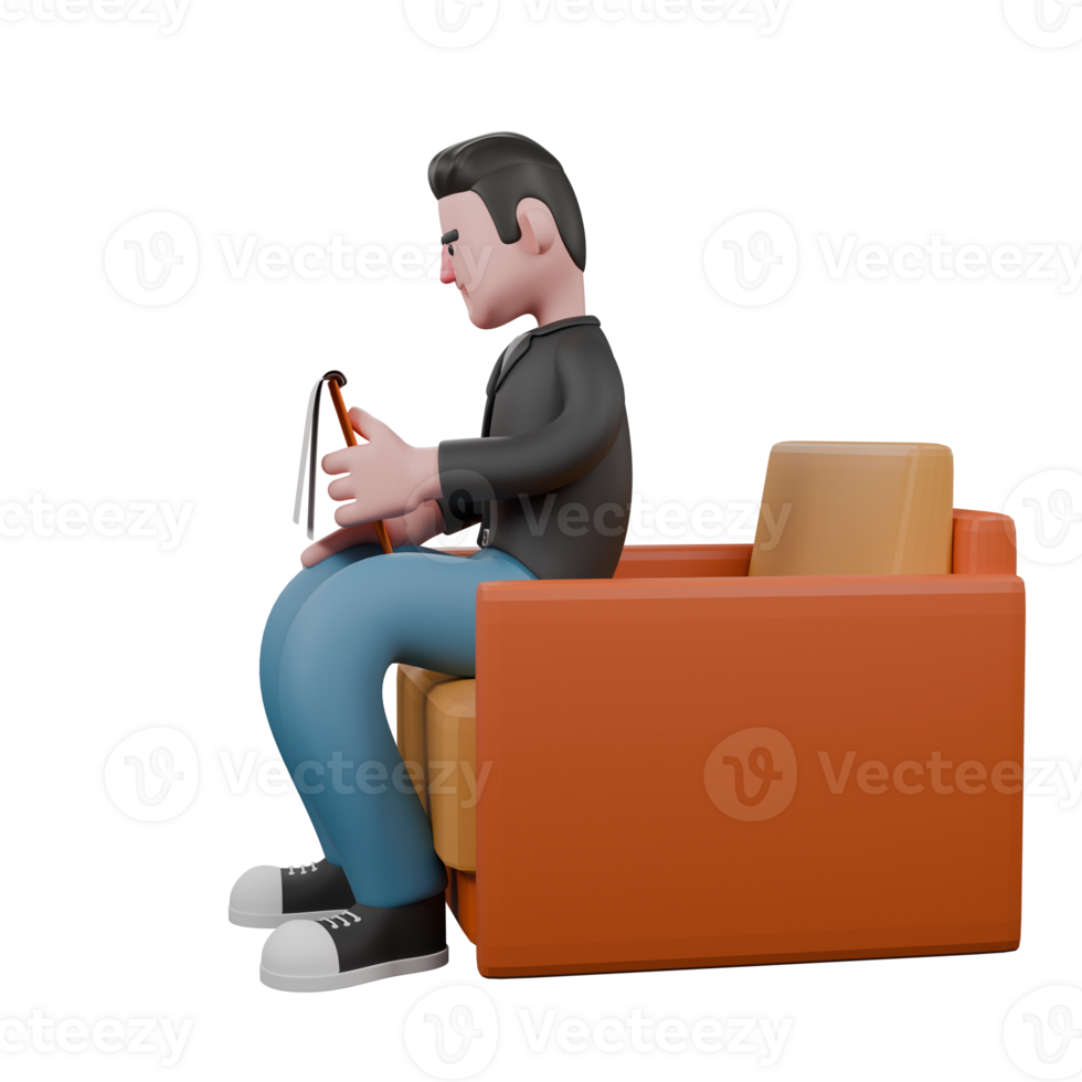 3D Cartoon Artistic Model. A male screenwriter sits on a sofa with one hand holding a clipboard, checking a script with a serious expression. 3D Artistic Model png