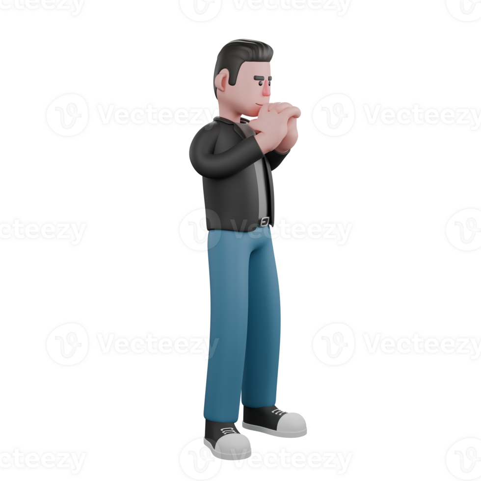 Screenwriter 3D Cartoon Model Design. A male screenwriter stands with both hands in front of his lips. 3D Artistic Model png