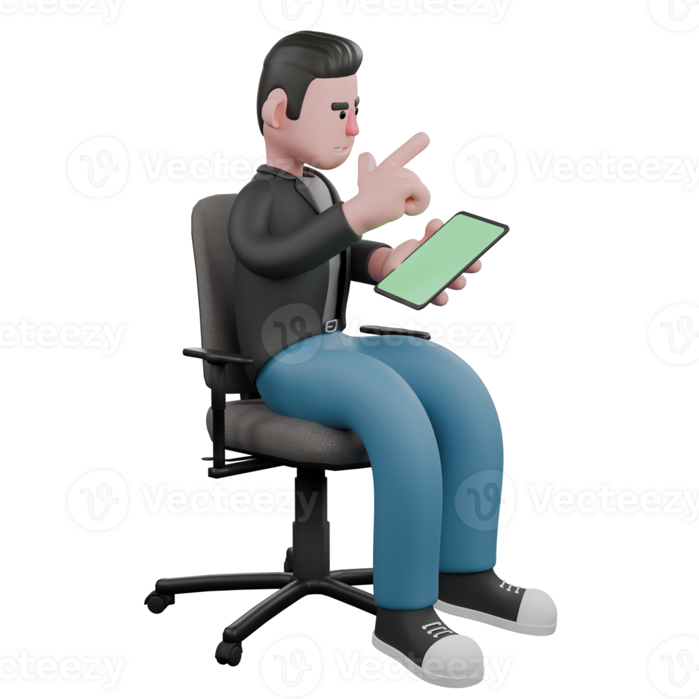 Professional Screenwriter Cartoon Design. a male screenwriter sitting on a chair while his left hand holding a tablet while his right hand pointing up. 3D Artistic Model png