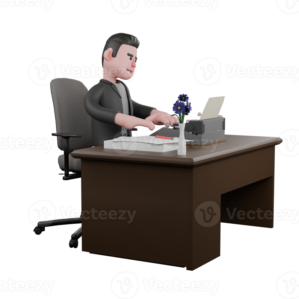 3D Cartoon Screenwriter Character Illustration. A Male Screenwriter sits on a chair with both hands typing on a typewriter. Screenwriter Illustration Design png