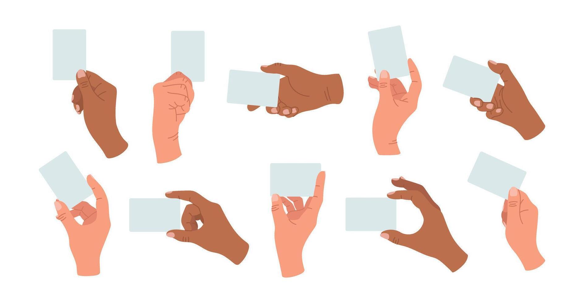 Diversity set with black and white hands holding blank card. Cartoon flat illustration isolated on white vector
