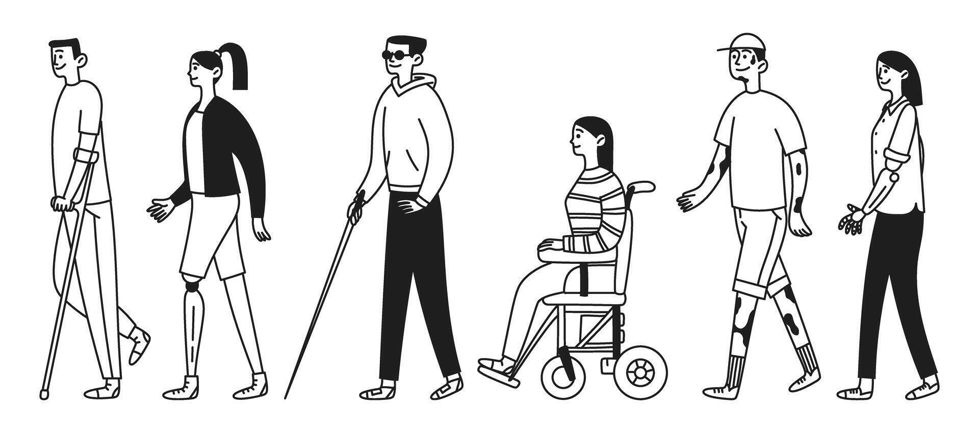 Diverse inclusive set of people. Disabled people on the move. Man and woman with bionic prostheses, wheelchair, crutches, vitiligo. Doodle illustration vector