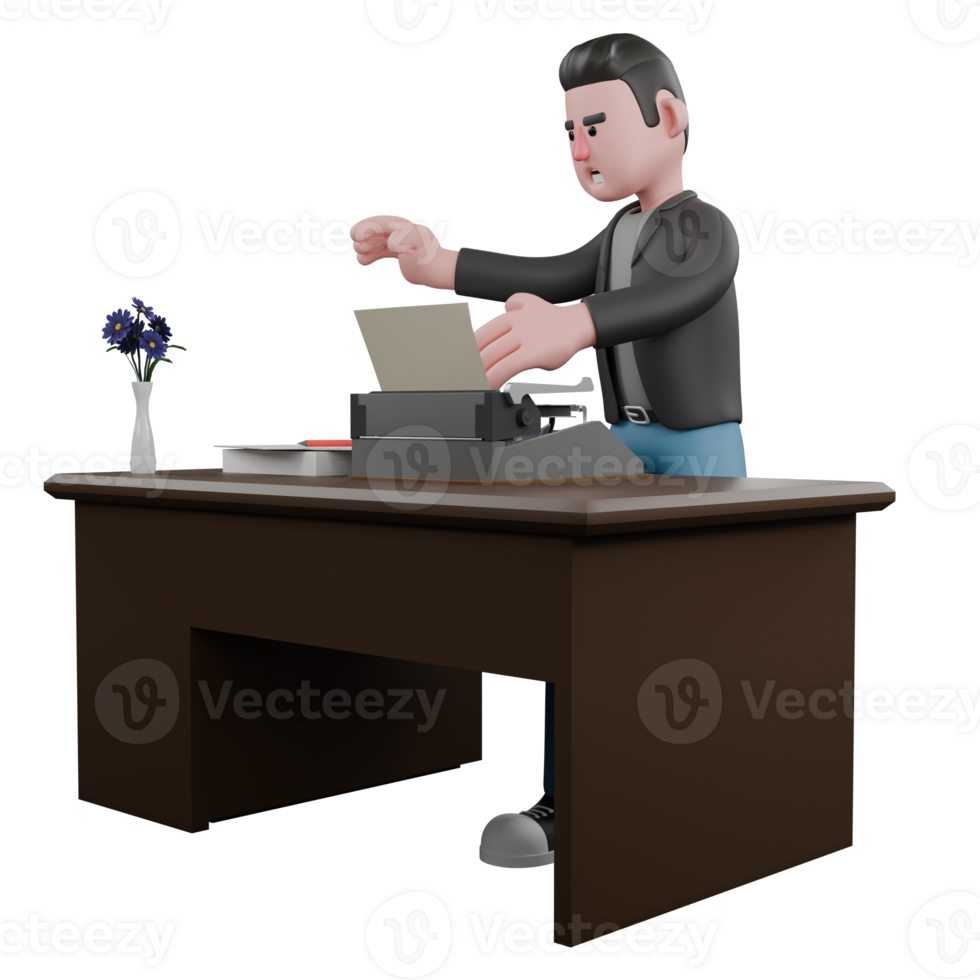 Professional Screenwriter Cartoon Design. A male screenwriter stands behind his desk while typing a script on a typewriter at his desk. Artistic 3D Model png