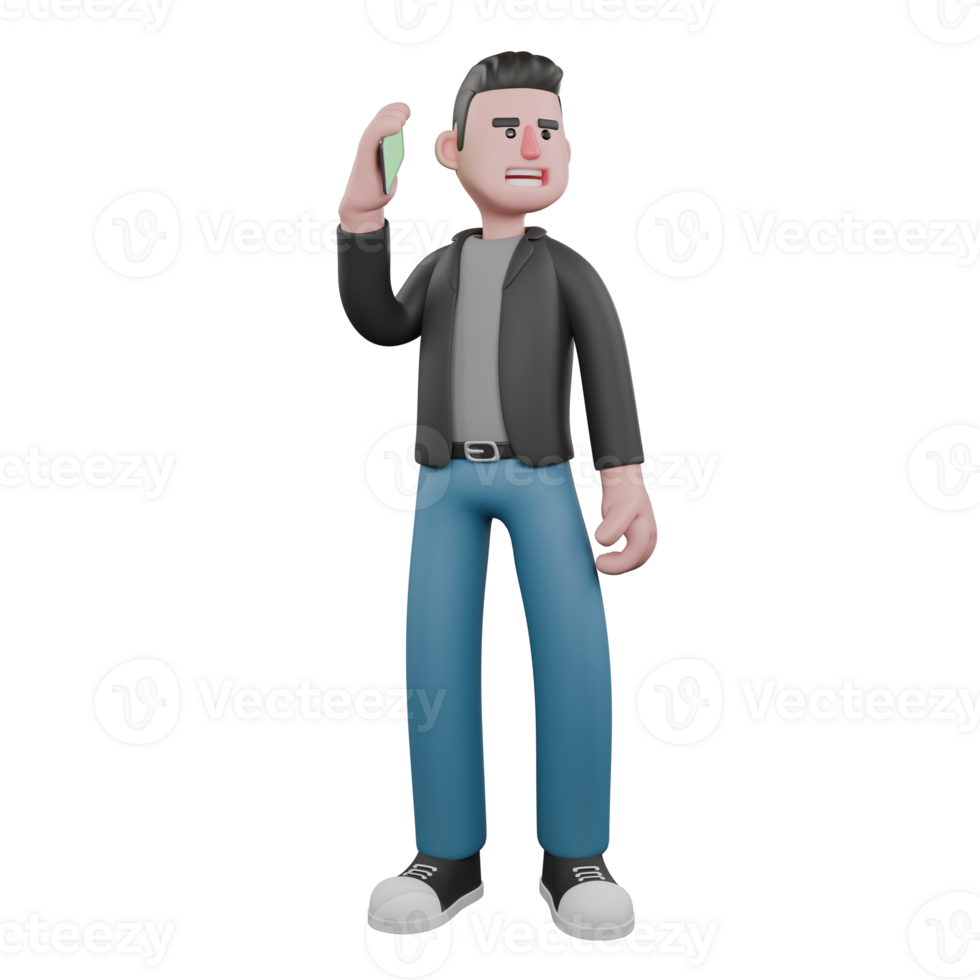 Screenwriter 3D Cartoon Model Design. A male screenwriter stands with his right hand answering a phone call while his left hand is beside his body. 3D Design png