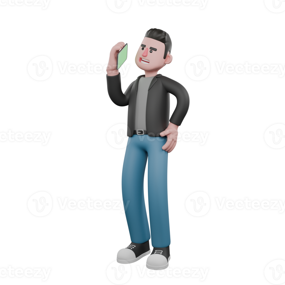 Creative 3D Model. A male screenwriter stands with his right hand answering a phone call while his left hand is on his waist, serious expression. 3D Artistic Model png
