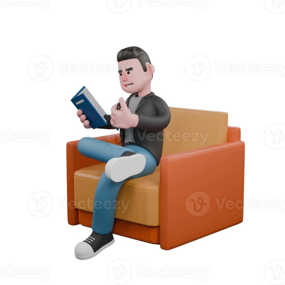Cartoon Style 3D Screenwriter Model. A male screenwriter is sitting on the sofa holding a pen and book, as if he wants to write. Artistic Illustration png