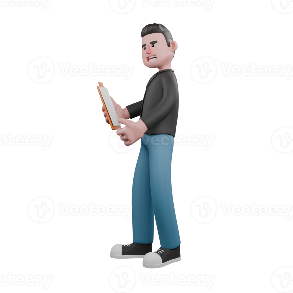 Professional Screenwriter Cartoon Design. A male screenwriter walks to the right with one hand holding a clipboard while the other gives a thumbs up. Screenwriter Model png