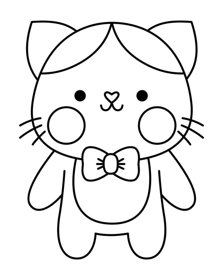 black and white kawaii cat boy icon with bow tie. Line kitty isolated clipart. Cute kitten outline illustration. Funny Saint Valentine day coloring page for kids with love concept vector