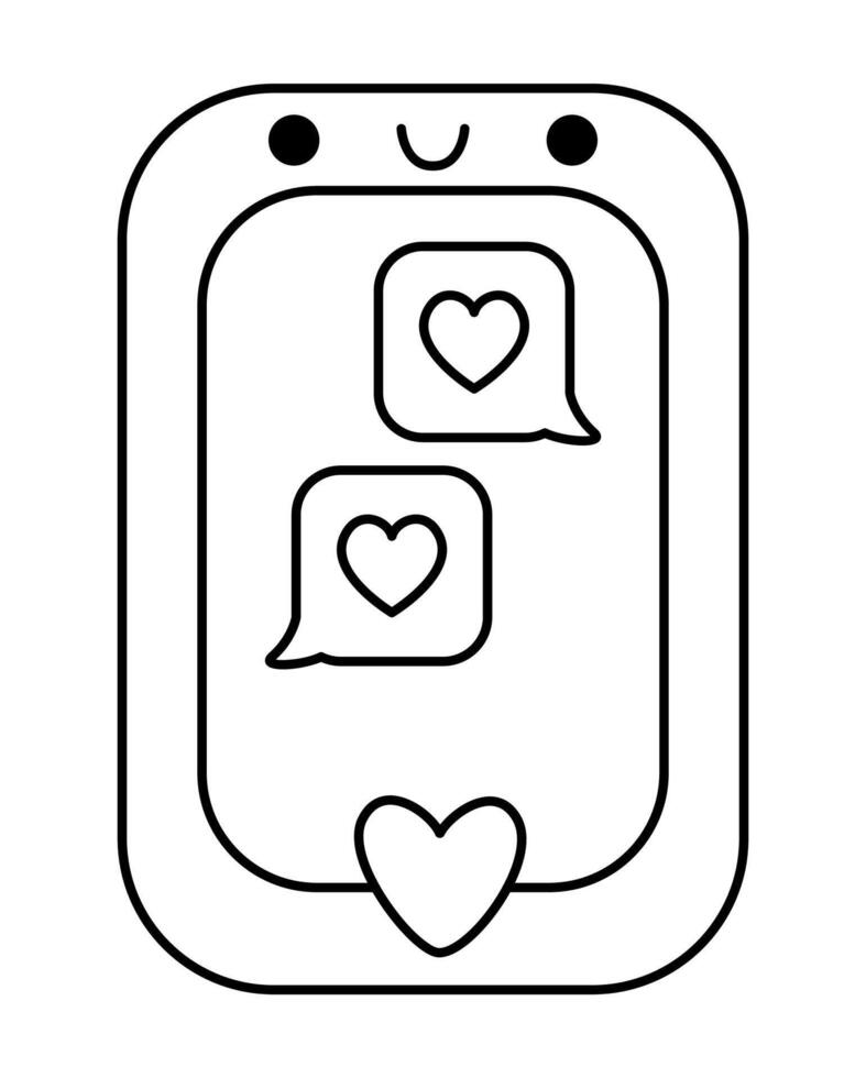 black and white kawaii smartphone icon with messages and hearts. Cute line handy or mobile phone illustration. Funny Saint Valentine day coloring page for kids with love concept vector