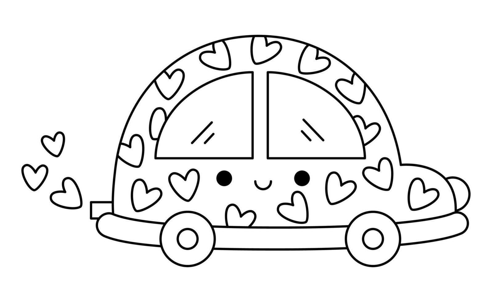 black and white kawaii car with hearts. Line smiling automobile isolated clipart. Cute transport outline illustration. Funny Saint Valentine day coloring page for kids with love concept vector