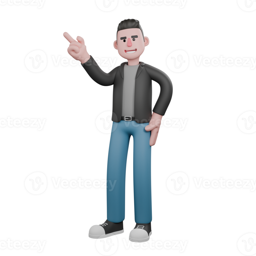 Screenwriter 3D Cartoon Model Design. a male screenwriter stands with his right hand pointing in a certain direction and his left hand on his waist. Artistic Illustration png
