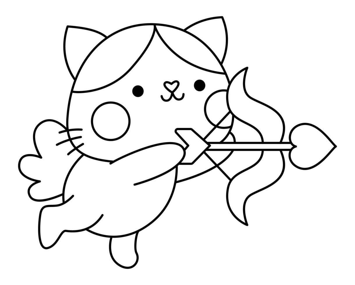 black and white kawaii cat cupid icon with wings, bow and arrow. Line kitty isolated clipart. Cute kitten illustration. Funny Saint Valentine day coloring page for kids with love concept vector