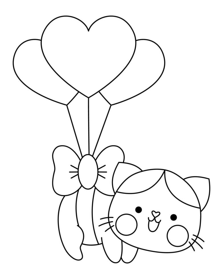 black and white kawaii cat flying on heart shaped balloons. Line kitty isolated clipart. Cute kitten outline illustration, icon. Funny Saint Valentine day coloring page for kids with love concept vector
