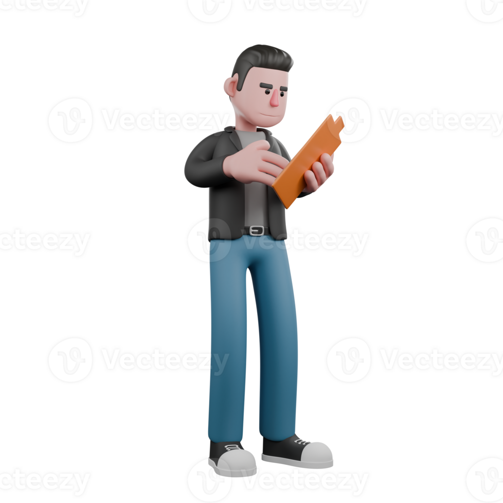 3D Cartoon Model Design of Screenwriter. A male screenwriter stands with one hand holding a clipboard while the other hand is on the clipboard, ready to check the script. 3D Design png