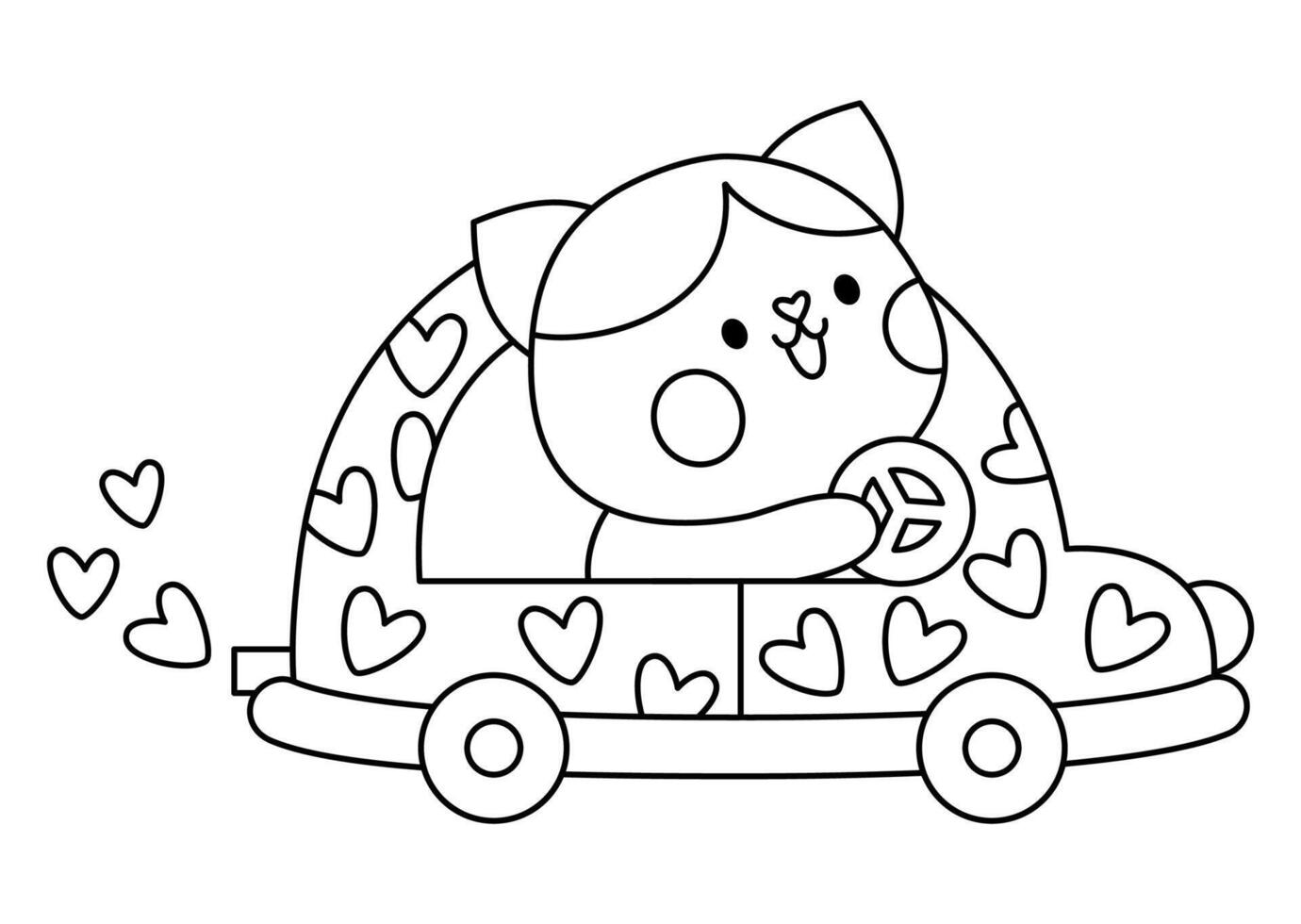 black and white kawaii cat driving car with hearts. Line kitty isolated clipart. Cute kitten outline illustration. Funny Saint Valentine day coloring page for kids with love concept vector