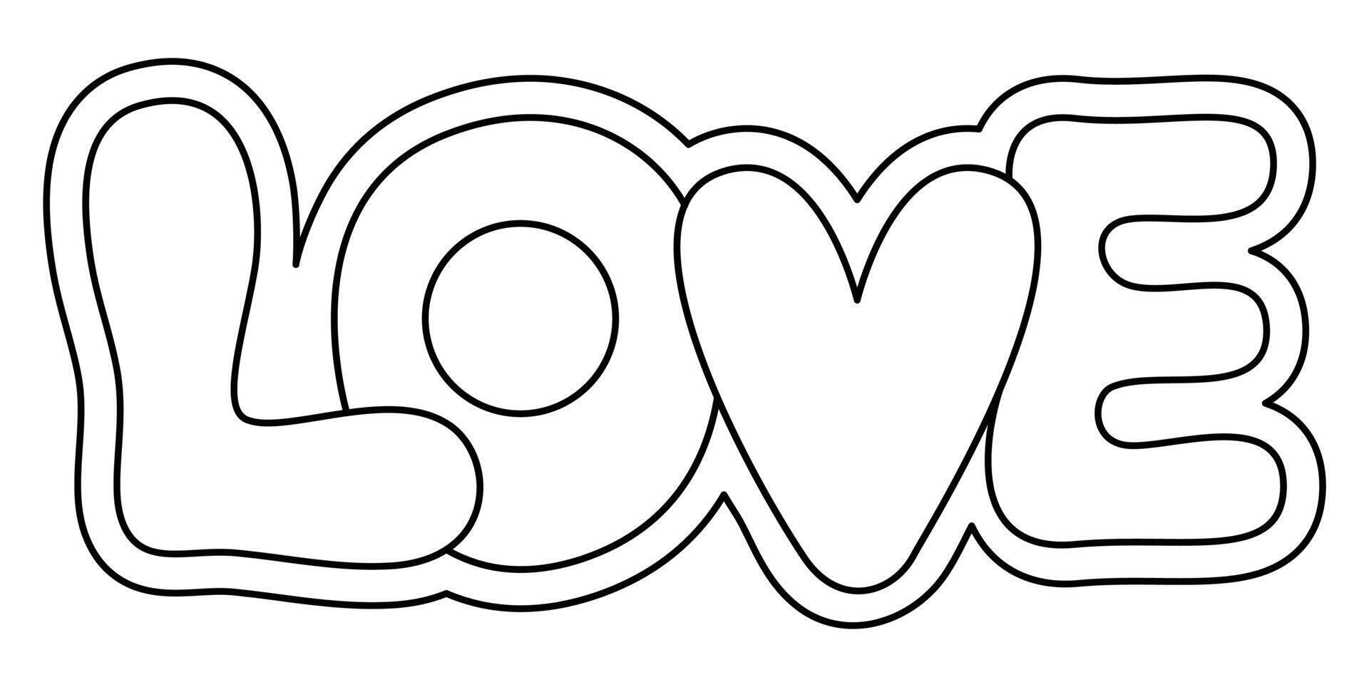 black and white love word lettering. Cute line typography illustration. Funny Saint Valentine day coloring page for kids with letters vector