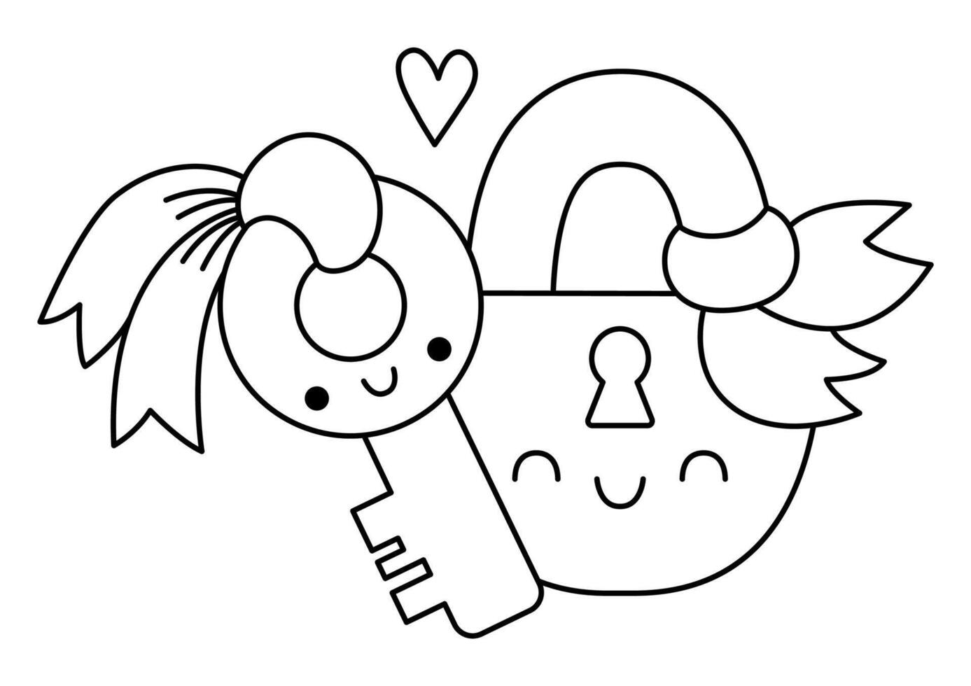 black and white kawaii key and lock. Line locker isolated clipart. Cute Saint Valentine day outline illustration. Funny coloring page for kids with love or perfect match or pair concept vector