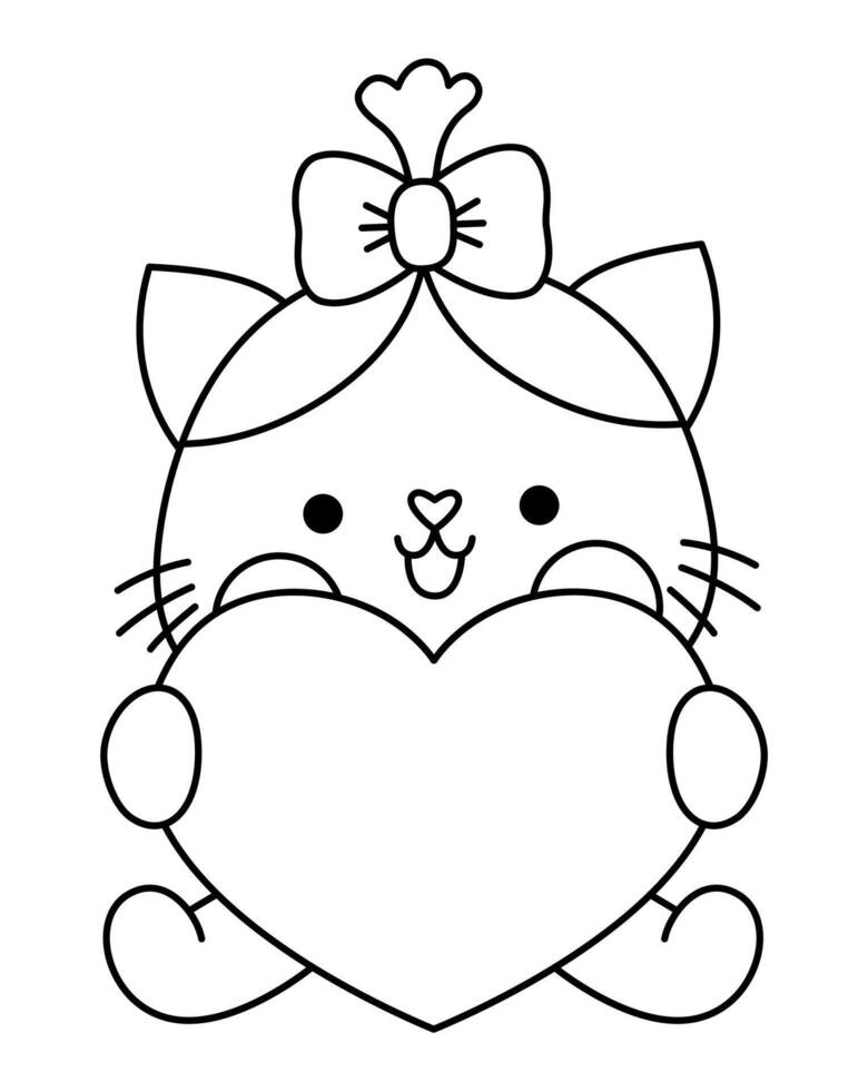 black and white kawaii cat girl sitting with heart. Line kitty isolated clipart or icon. Cute kitten outline illustration. Funny Saint Valentine day coloring page for kids with love concept vector