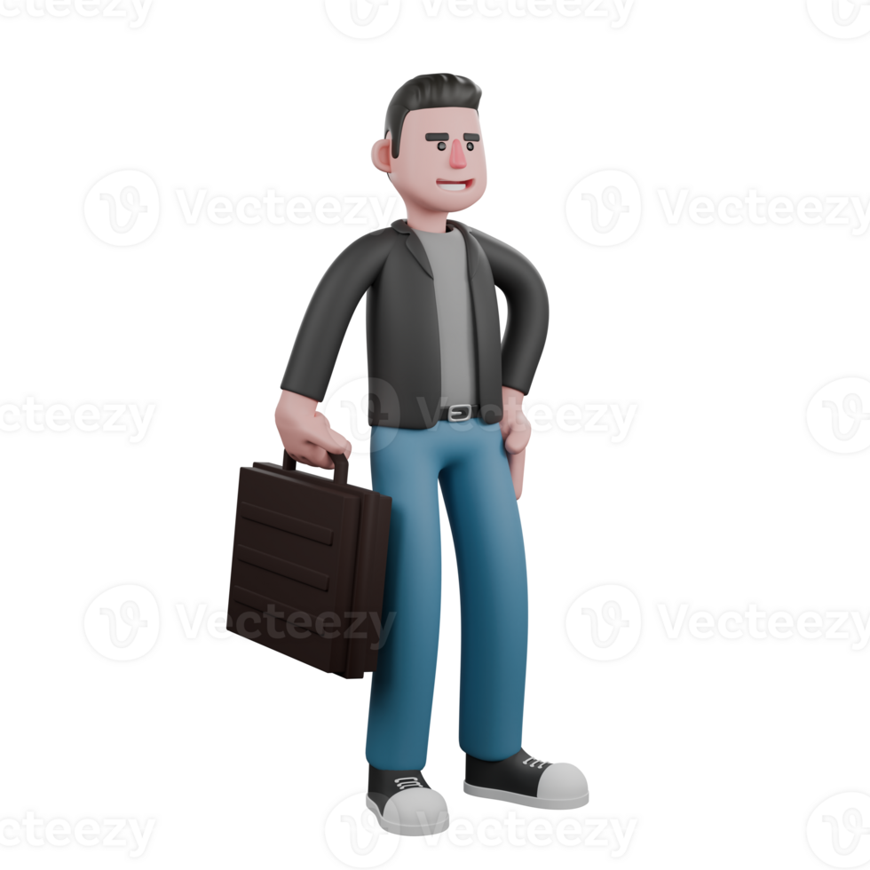 Cartoon 3D Artistic Model. a male screenwriter standing with his right hand holding a bag with a happy expression. Screenwriter Illustration Design png