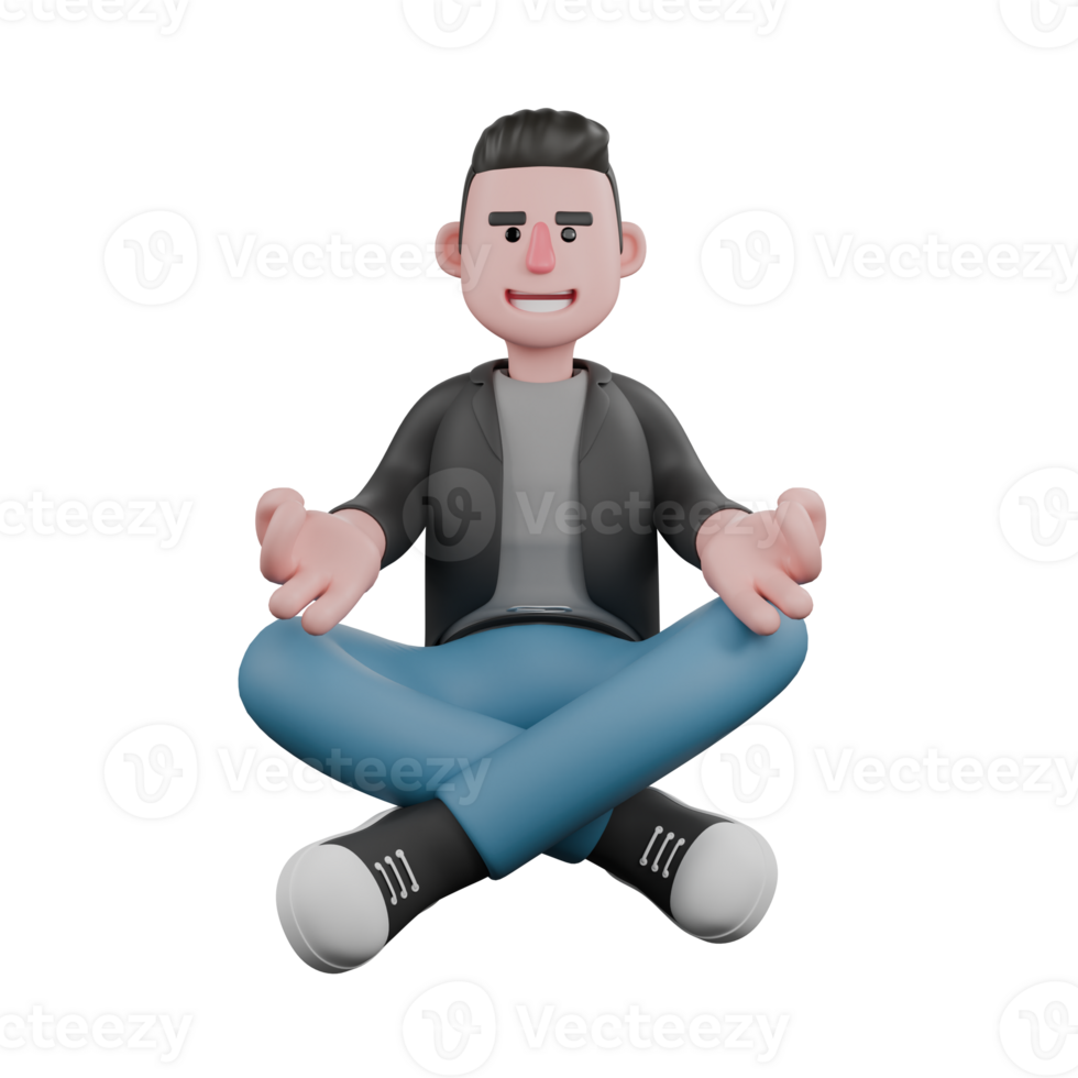 Screenwriter 3D Cartoon Model Design. a male screenwriter sits cross-legged with both hands on his knees, a meditative expression. Artistic Illustration png